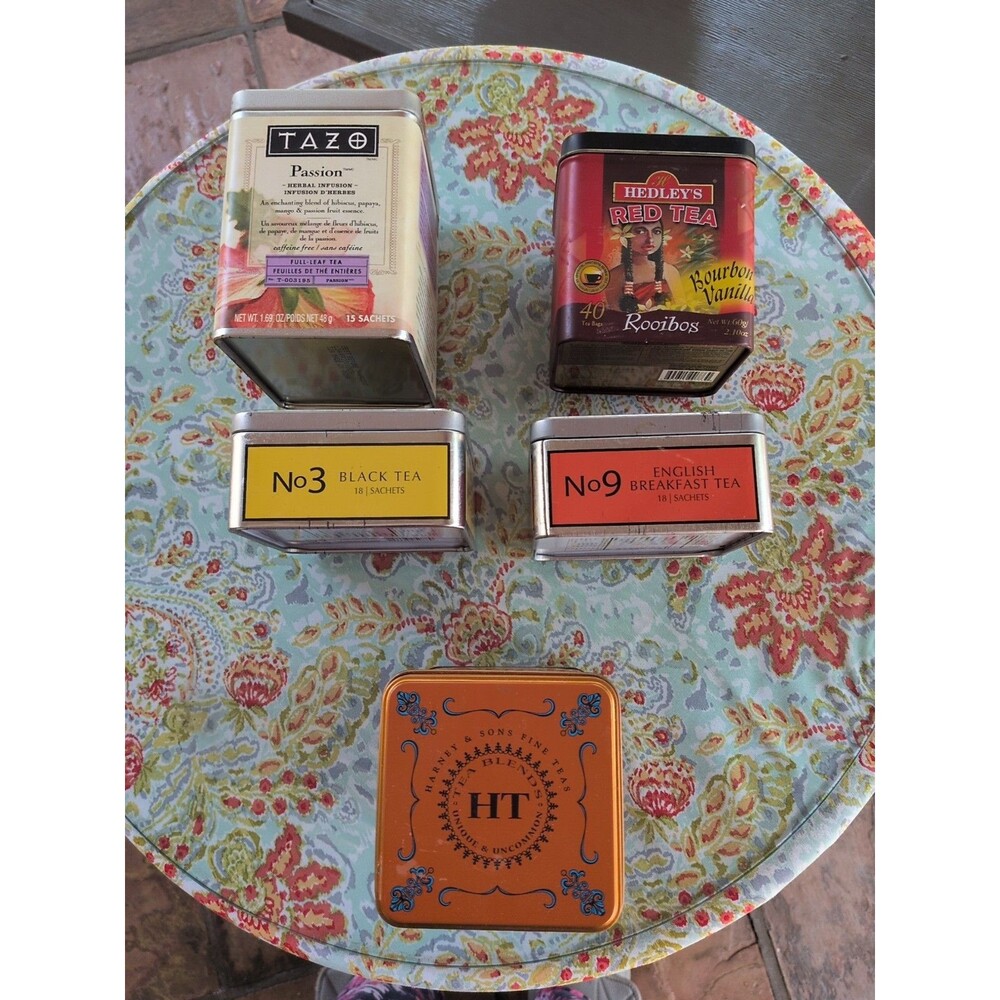 Mixed Lot 5 TEA TIS  WITH LIDs  - EMPTY  (Lot of 5 tins) Craft Painting Storage
